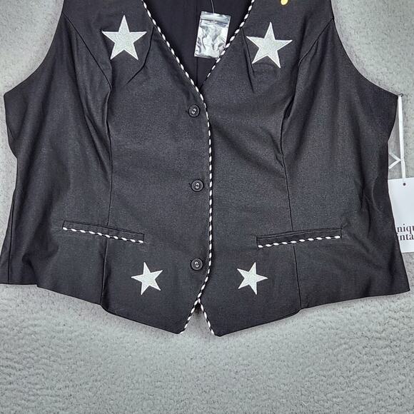 UNIQUE VINTAGE Vest Womens 2X Black Music Notes Stars Pockets V-Neck NWT - Picture 6 of 14
